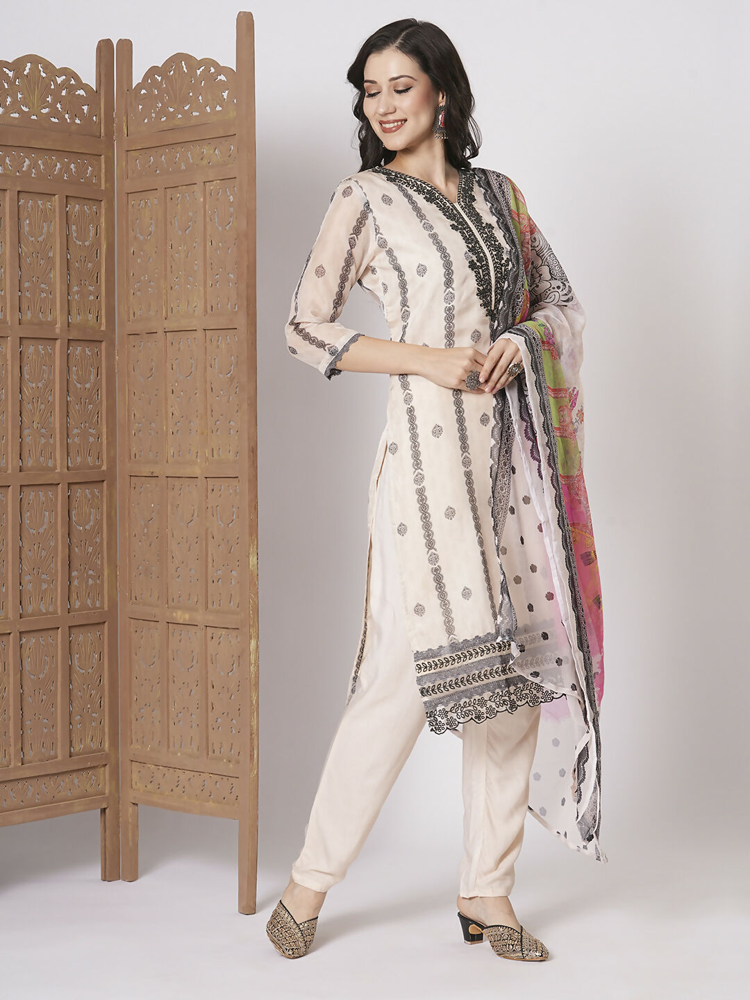 Off White Taby Silk Embroidery Work, Printed Kurta Set - Riya | Grocsy