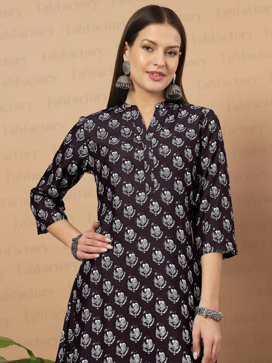 Vamika Poly Rayon Printed Wine Red Party Wear/Casual Wear/Office Wear Kurta Set/Suit | Grocsy