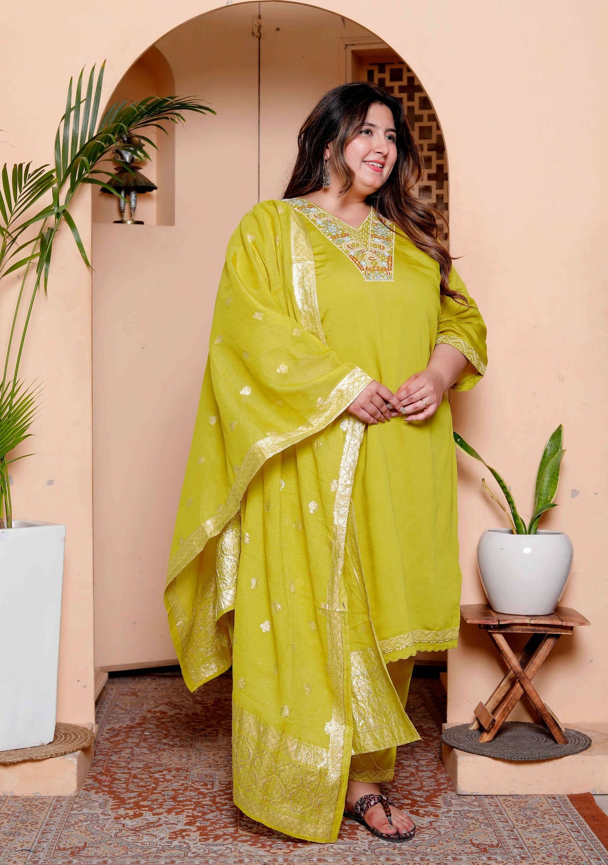 Miravan Womens Plus Size Muslin Yellow Kurta and Palazzo with Dupatta Set | Grocsy