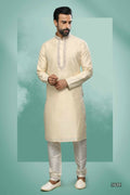 Raivat Ethnic Art Silk Mirror Embroidery Work Kurta Pajama In Cream Colour | Grocsy