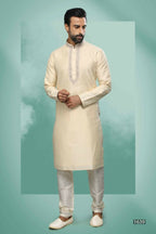 Raivat Ethnic Art Silk Mirror Embroidery Work Kurta Pajama In Cream Colour | Grocsy