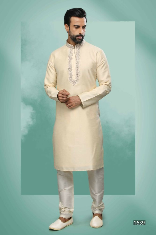 Raivat Ethnic Art Silk Mirror Embroidery Work Kurta Pajama In Cream Colour | Grocsy