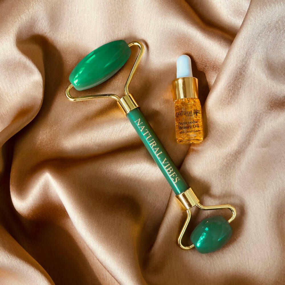Natural Vibes Jade Roller & Massager with Free Gold Beauty Elixir Oil | Grocsy