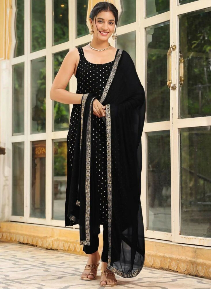 Teeya Creation Womens New Elegant Black Embroidered Kurti with Matching Bottom Set | Grocsy