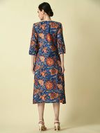 Myshka Women's Blue Floral Printed A-Line Dress | Grocsy