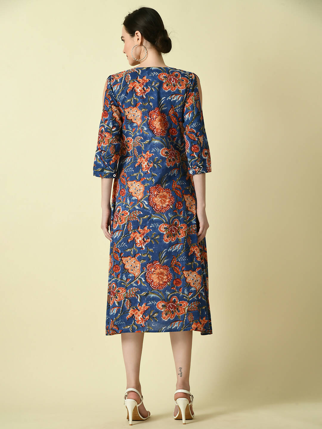 Myshka Women's Blue Floral Printed A-Line Dress | Grocsy