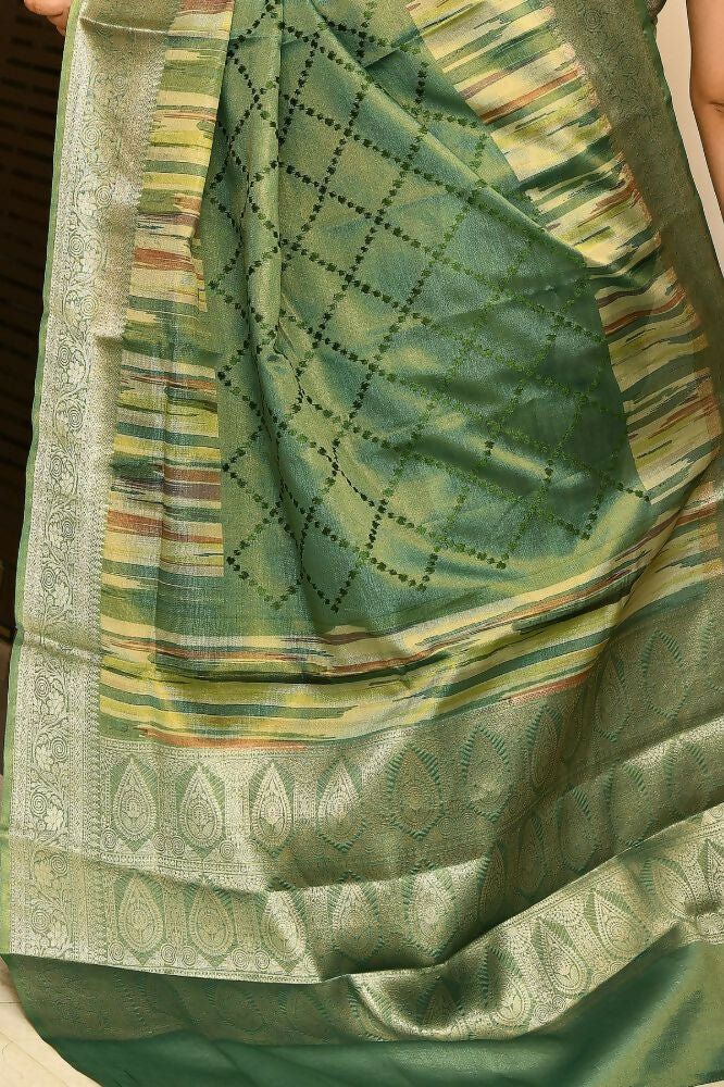 Joban Fashion Green Saree Tissue Digital With Embroidery | Grocsy