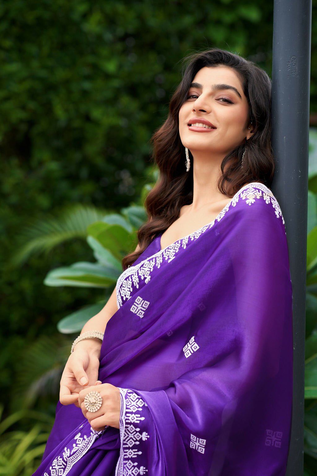 Vastranavya Purple-Blue Embroidery Work Shimmer Chiffon Saree with Unstitched Blouse | Grocsy