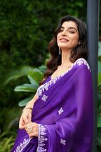 Vastranavya Purple-Blue Embroidery Work Shimmer Chiffon Saree with Unstitched Blouse | Grocsy
