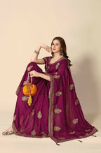 Wine Chinon Embroidered Saree with Unstitched Blouse Piece - Roozal | Grocsy