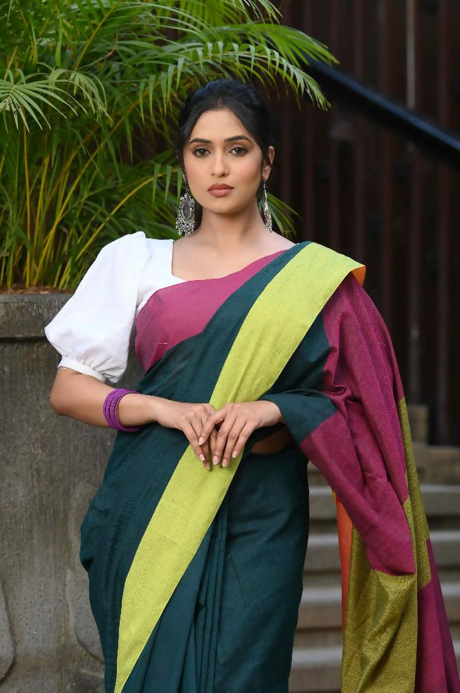 Beatitude Green Cotton Handloom Saree | Grocsy