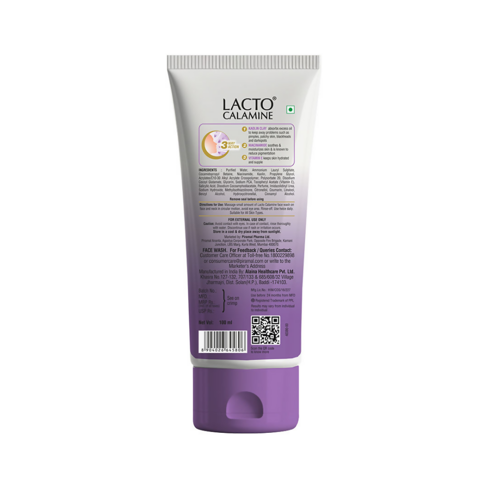 Lacto Calamine Face Wash with Kaolin Clay, Niacinamide & Vitamin E for All Skin Types | Grocsy