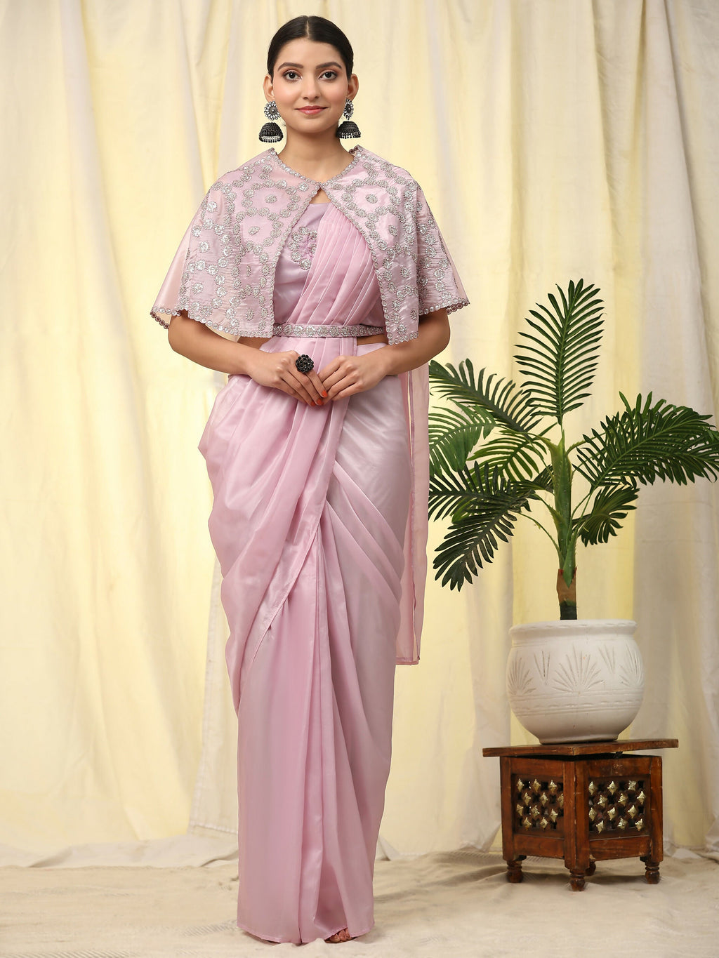 Light Lavendar Satin Solid Ready to wear Saree with stitched Blouse - Vanita | Grocsy