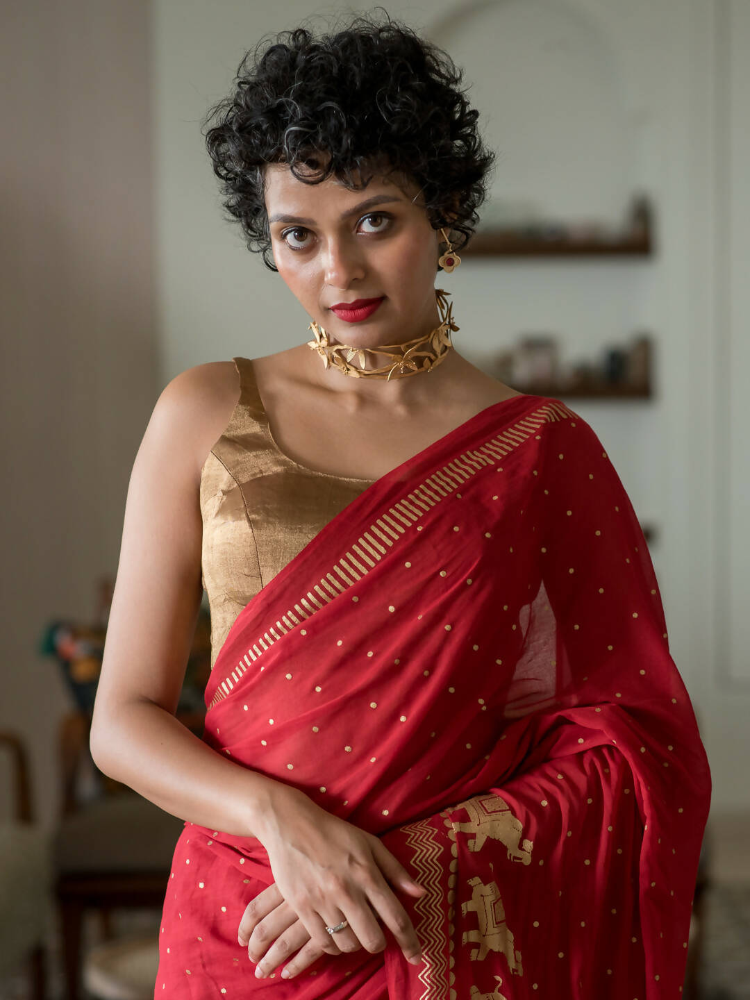 Suta Red Polka Dots Cotton Blend Saree | Grocsy