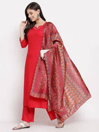 Myshka Women's Latest Red Cotton Solid 3/4 Sleeve Square Neck Casual Kurta Pant Dupatta Set | Grocsy
