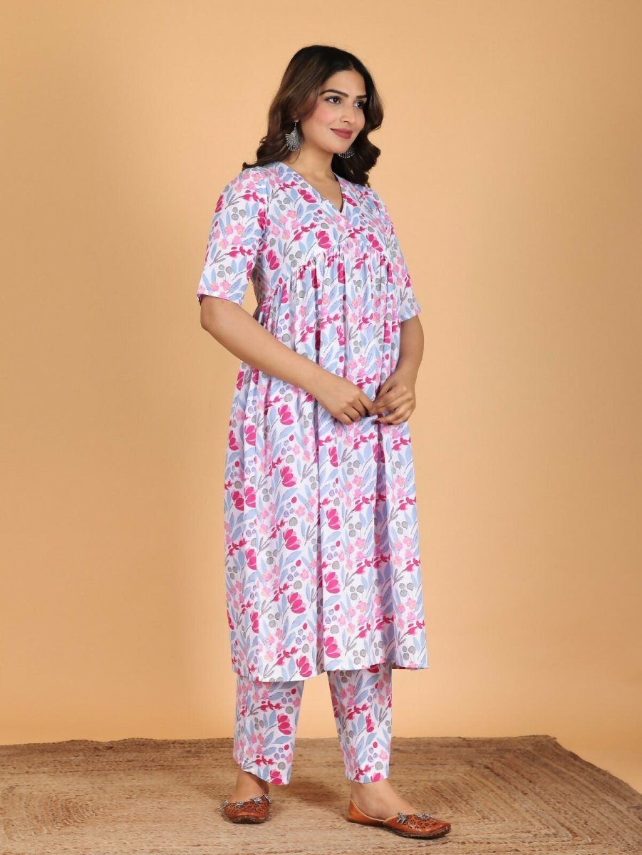Aramya Pink Soft Cotton Floral Anarkali Kurta for Women | Grocsy