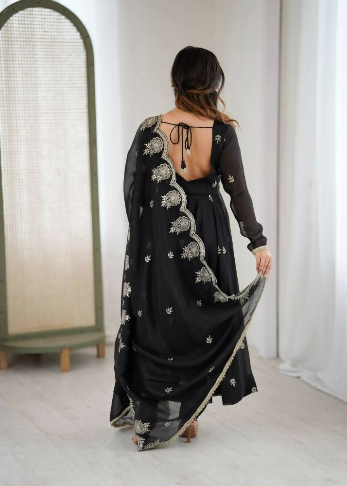 Teeya Creation Black Color Crunchy Silk Embroidery Work Wedding Wear Gown | Grocsy