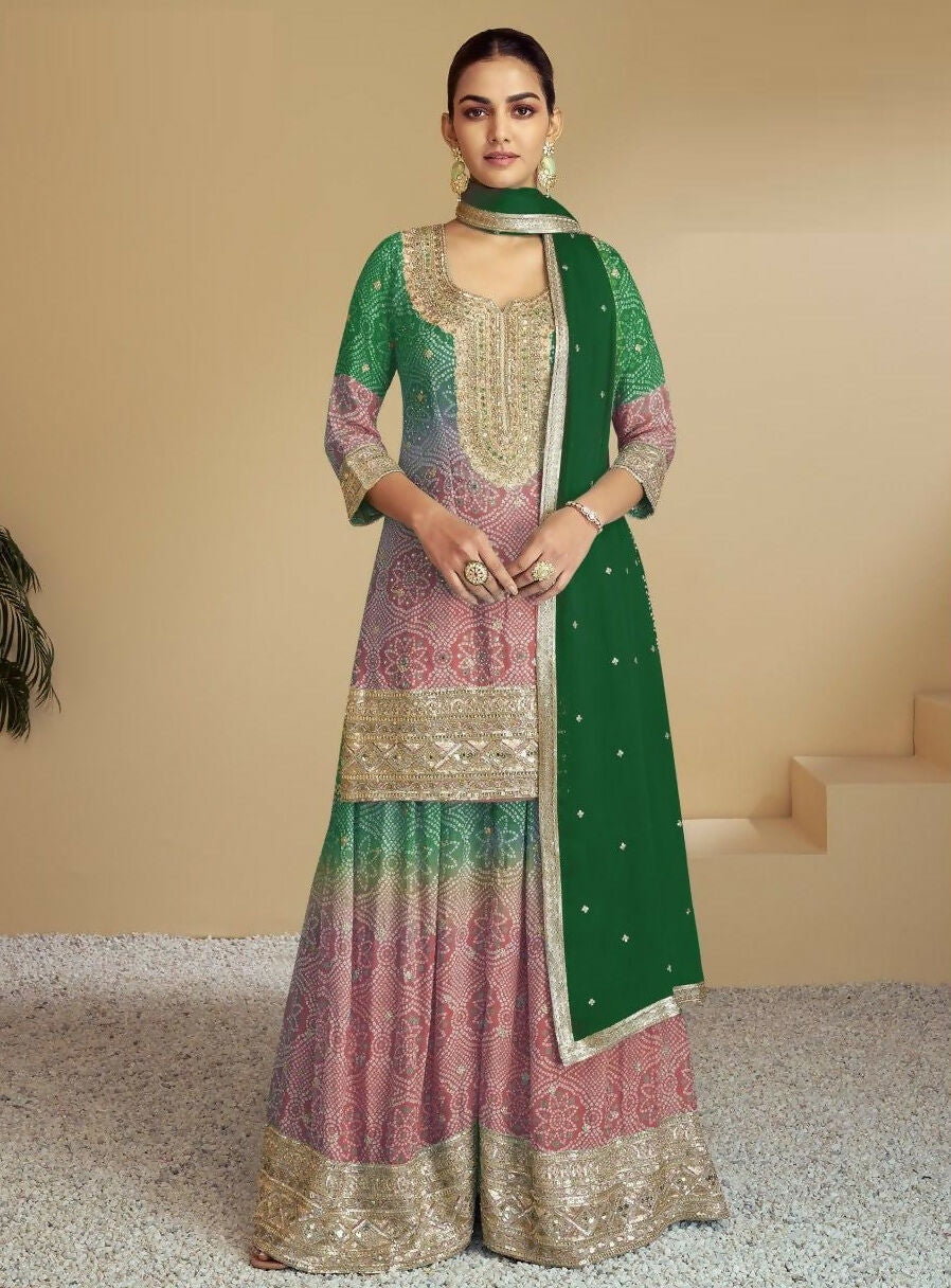 Anaita Peach Digital print with Embroidered Silk Stitched Plazo Suit | Grocsy