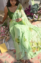 Exclusive Collection Beautiful Light Green Pure Cotton Hand Print Handloom Saree With Running Blouse Piece | Grocsy