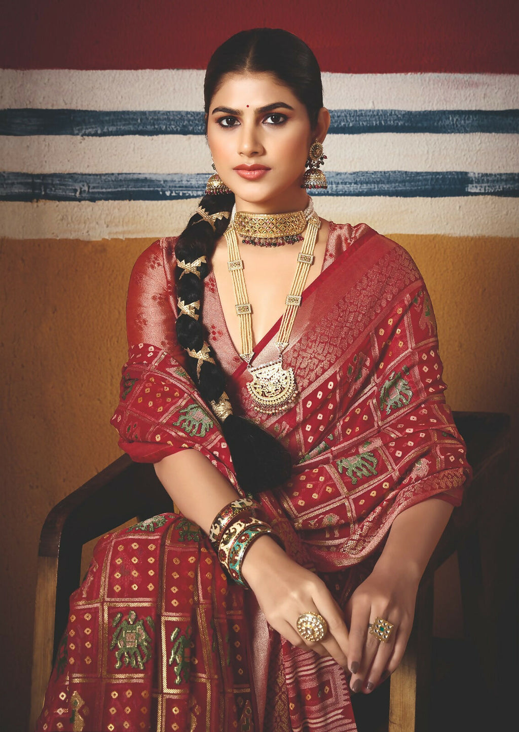 Joban Fashion Red Dull Moss Brasso Saree | Grocsy