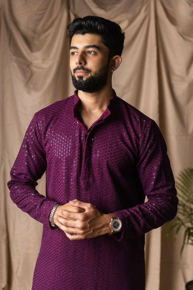 Wine Rayon Thread Embroidery Work Kurta Set - Mahotsav | Grocsy