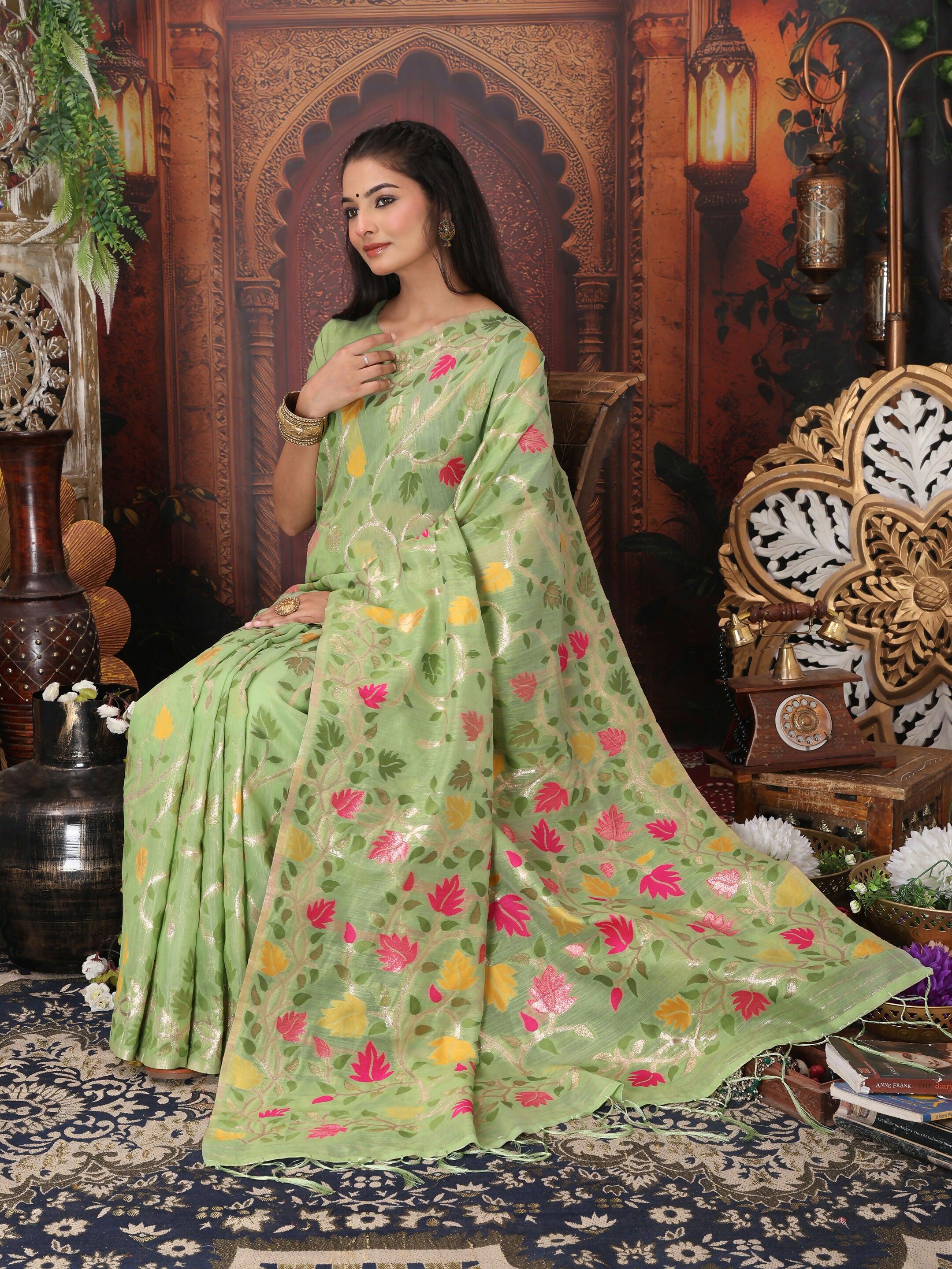 Shree Shyam Fashion Linen Cotton Green Saree | Grocsy