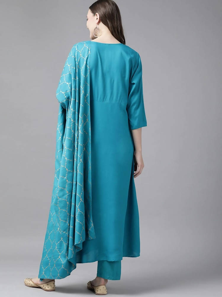 Yufta Women Teal Blue Solid Kurta with Trouser and Dupatta | Grocsy