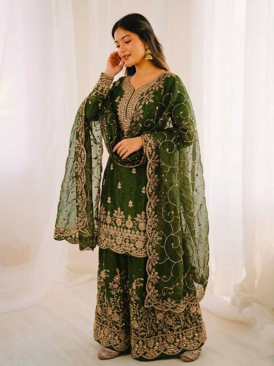 Teeya Creation Green Color Gymmi Silk Embroidery Work Wedding Wear Sharara Set | Grocsy