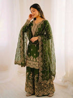 Teeya Creation Green Color Gymmi Silk Embroidery Work Wedding Wear Sharara Set | Grocsy