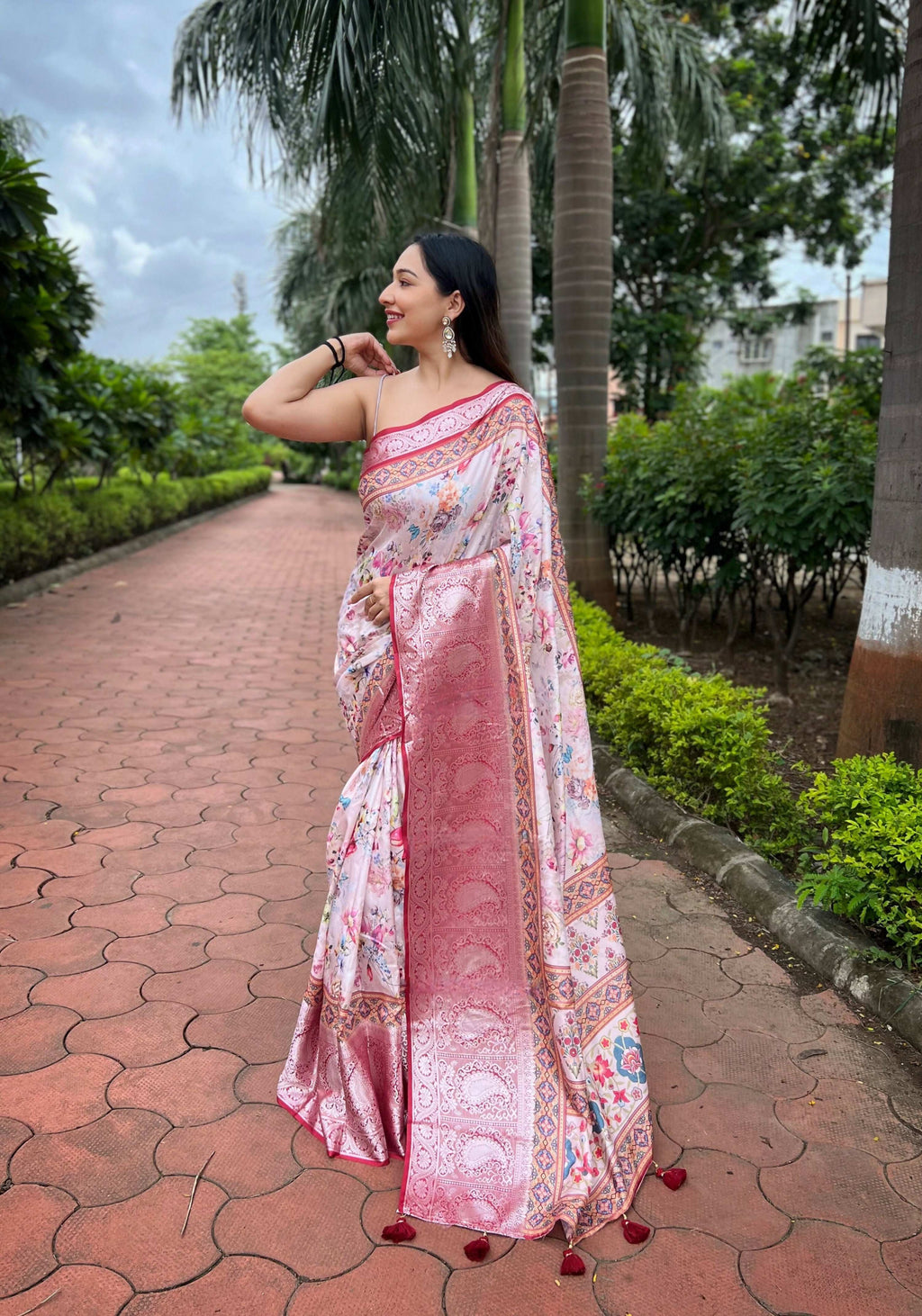 Vamsee Bhavi Red Tussar Dola Satin Silk Saree | Grocsy