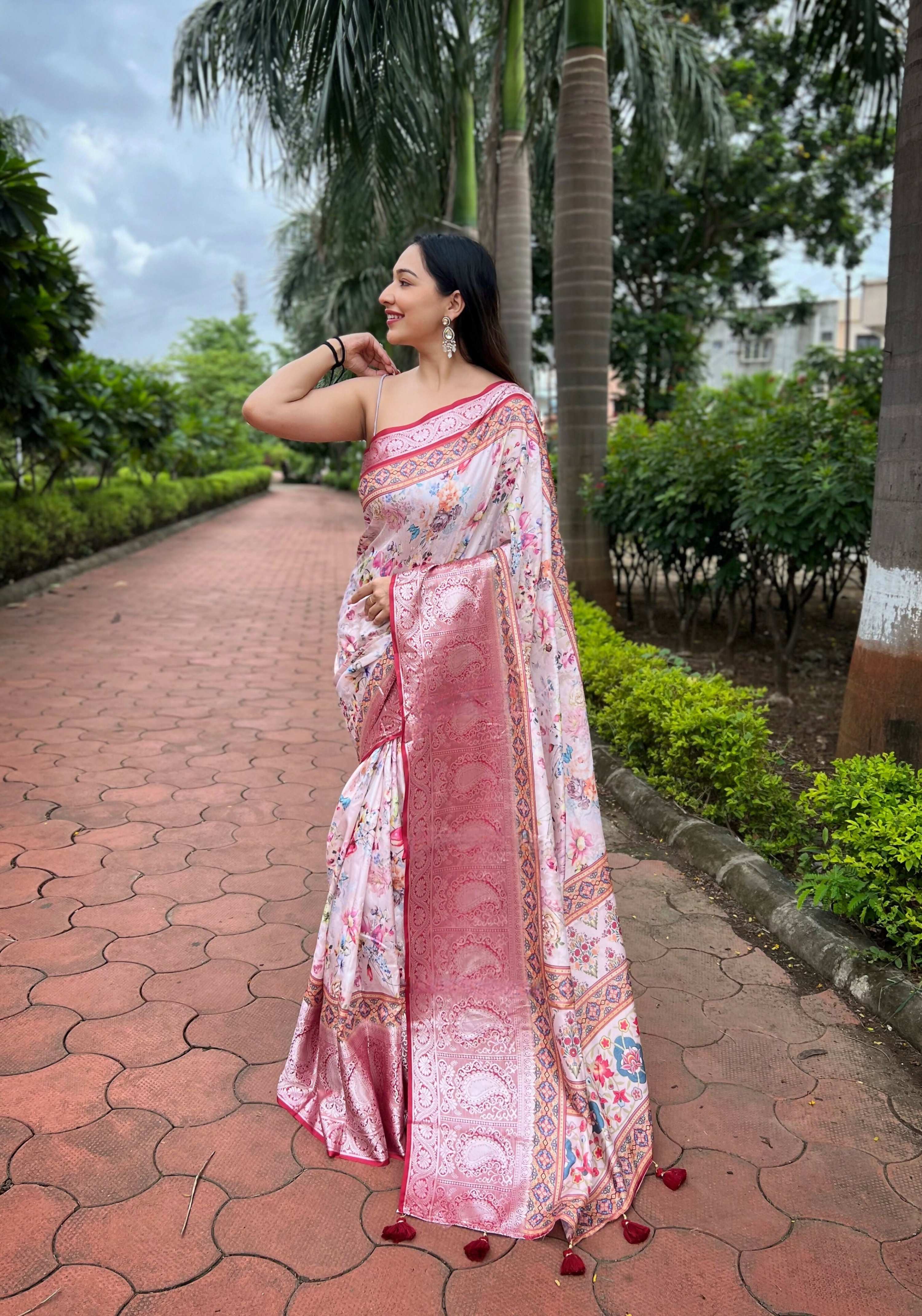 Vamsee Bhavi Red Tussar Dola Satin Silk Saree | Grocsy