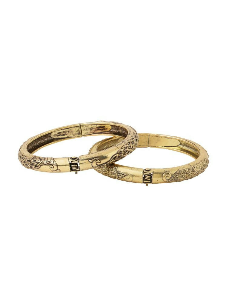 NVR Women Set of 2 Gold-Polished Leaf Design Oxidised Bangles