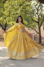 Vastranavya Designer Dyeable Pure Viscose Jacquard Fabric Lehenga Choli & Dupatta Set - Yellow | Grocsy