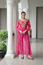 Vastranavya Pink Navratri Special Kutchi Patch Work with Leheriya Printed Kurti | Grocsy