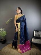 Joban Fashion Navy Blue Bhagalpuri Cotton Silk Stripes/Box Saree | Grocsy