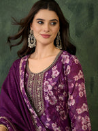 The52 Women's Beautiful Embroidery Work Chinon silk Fabric Straight Kurta Pant and Dupatta Set | Grocsy