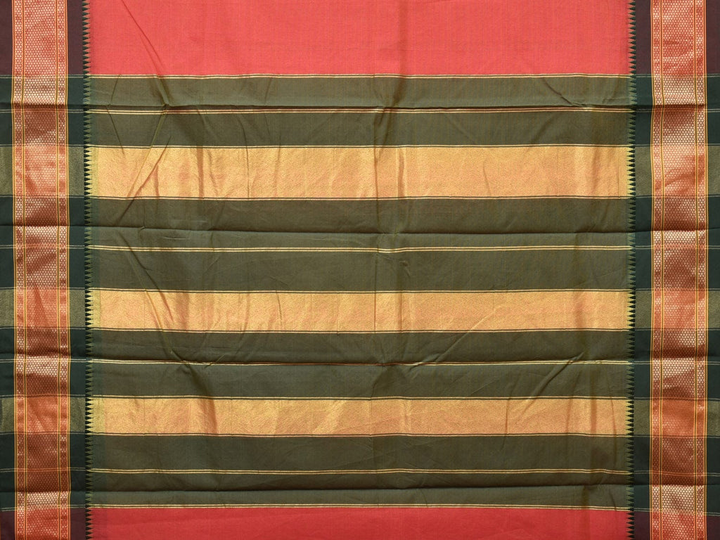 Peach and Green Bamboo Cotton Plain Saree with Strips Pallu Design No Blouse - Global Threads | Grocsy
