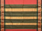 Peach and Green Bamboo Cotton Plain Saree with Strips Pallu Design No Blouse - Global Threads | Grocsy