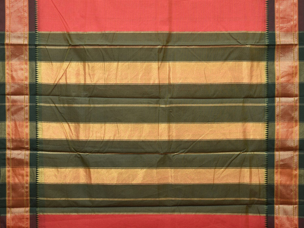 Peach and Green Bamboo Cotton Plain Saree with Strips Pallu Design No Blouse - Global Threads | Grocsy