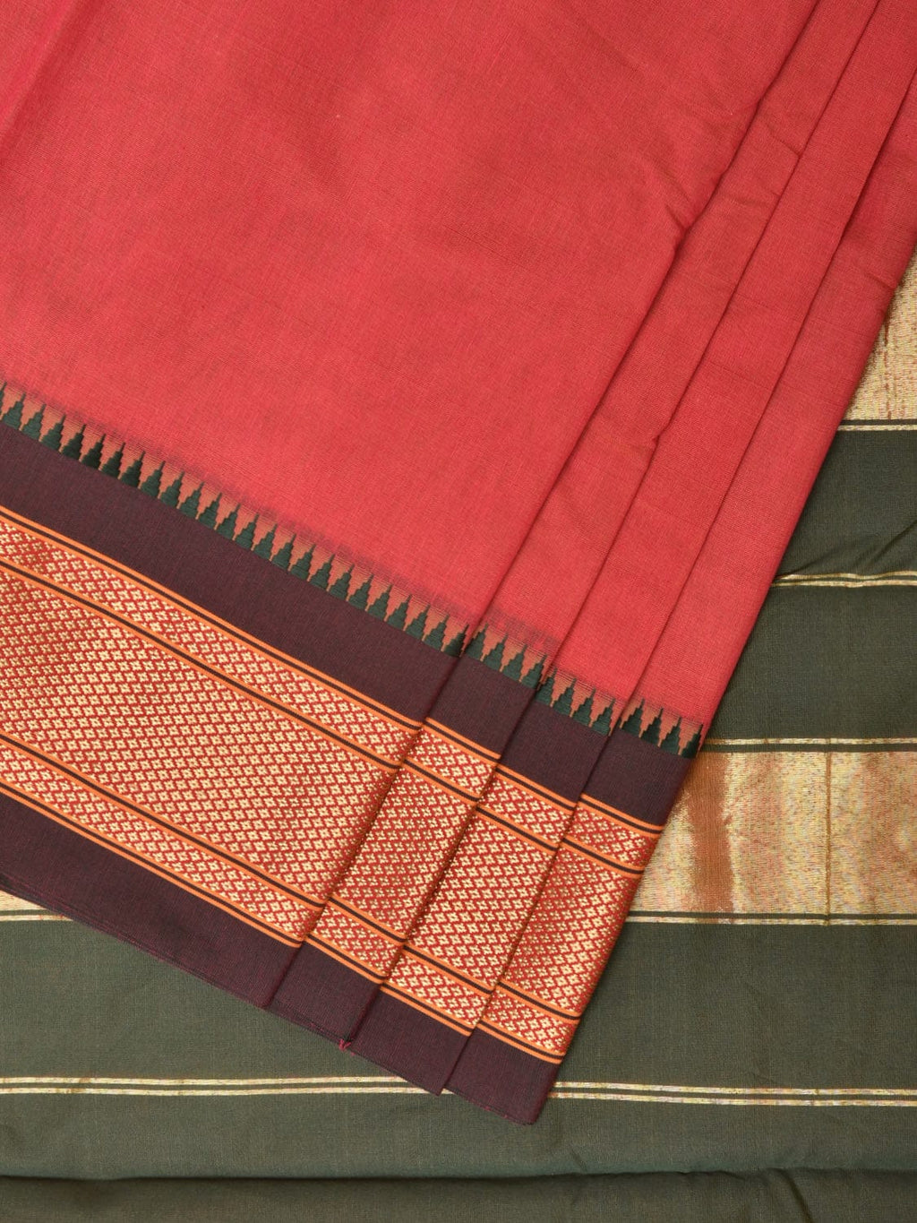 Peach and Green Bamboo Cotton Plain Saree with Strips Pallu Design No Blouse - Global Threads | Grocsy