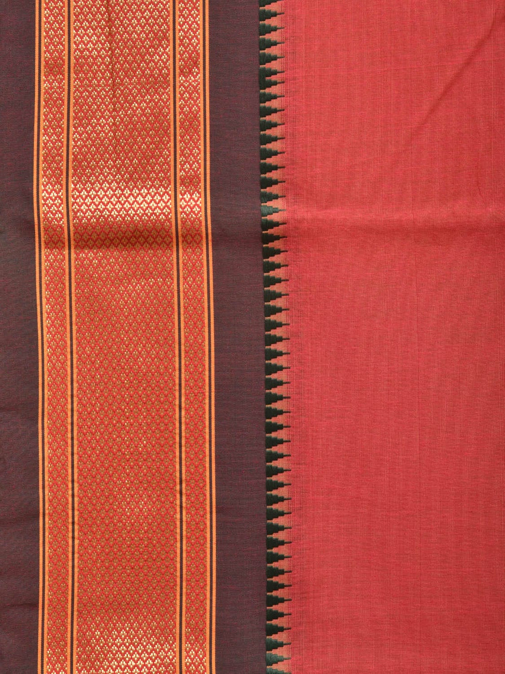 Peach and Green Bamboo Cotton Plain Saree with Strips Pallu Design No Blouse - Global Threads | Grocsy