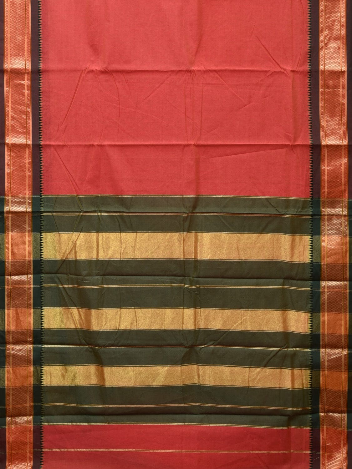 Peach and Green Bamboo Cotton Plain Saree with Strips Pallu Design No Blouse - Global Threads | Grocsy