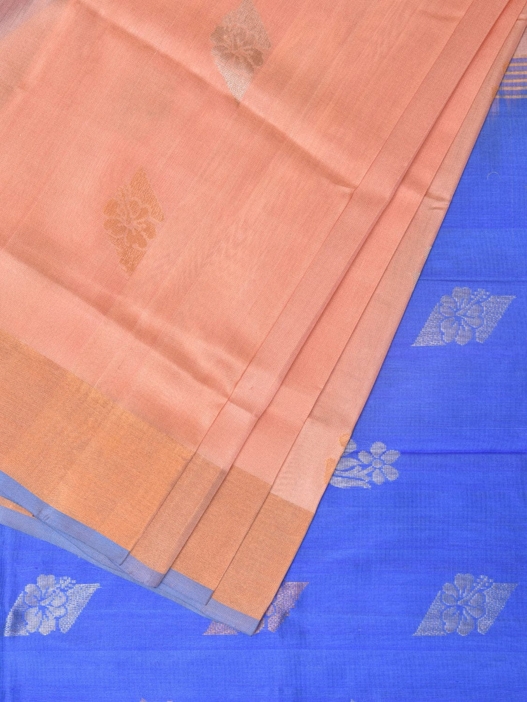 Peach and Light Blue Uppada Silk Handloom Saree with Body Buta Design - Global Threads | Grocsy
