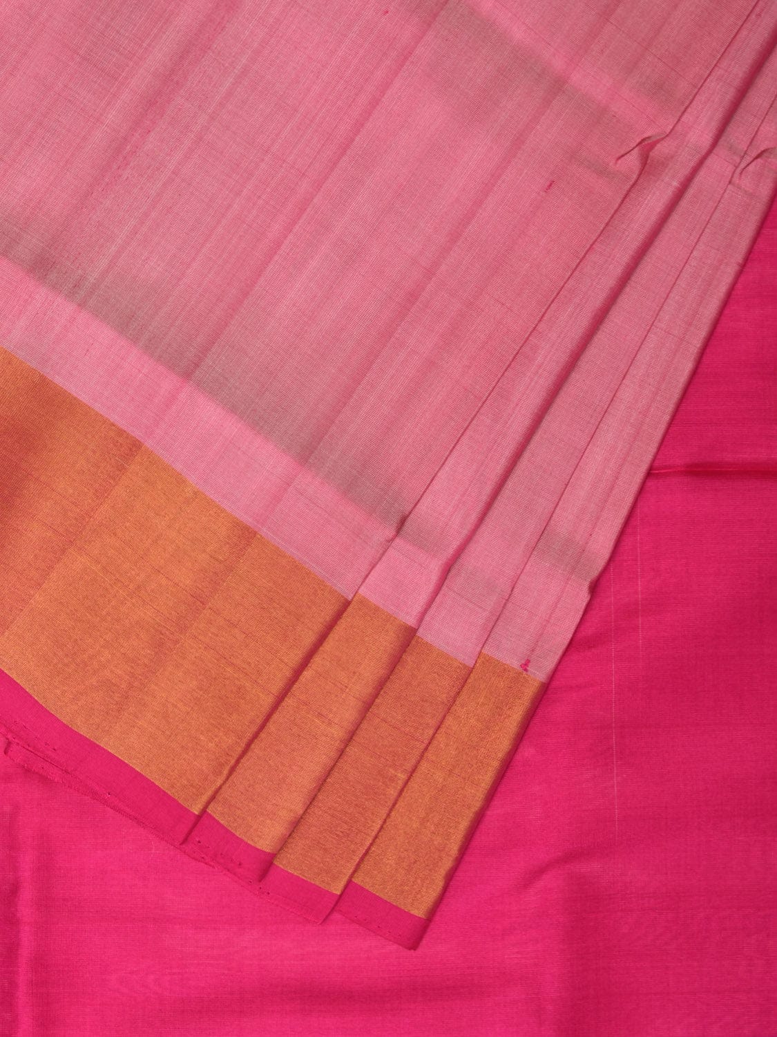 Peach and Pink Uppada Silk Handloom Plain Saree with Contrast Pallu Design - Global Threads | Grocsy