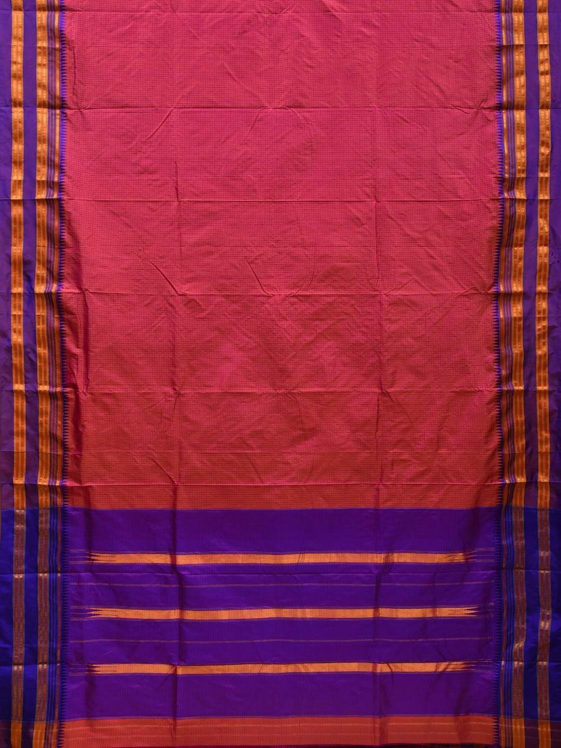 Peach and Purple Narayanpet Silk Saree with Checks Design No Blouse - Global Threads | Grocsy