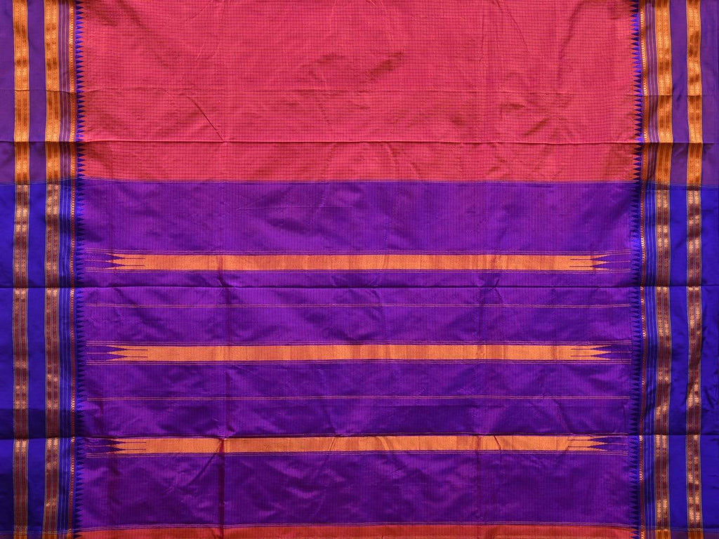 Peach and Purple Narayanpet Silk Saree with Checks Design No Blouse - Global Threads | Grocsy