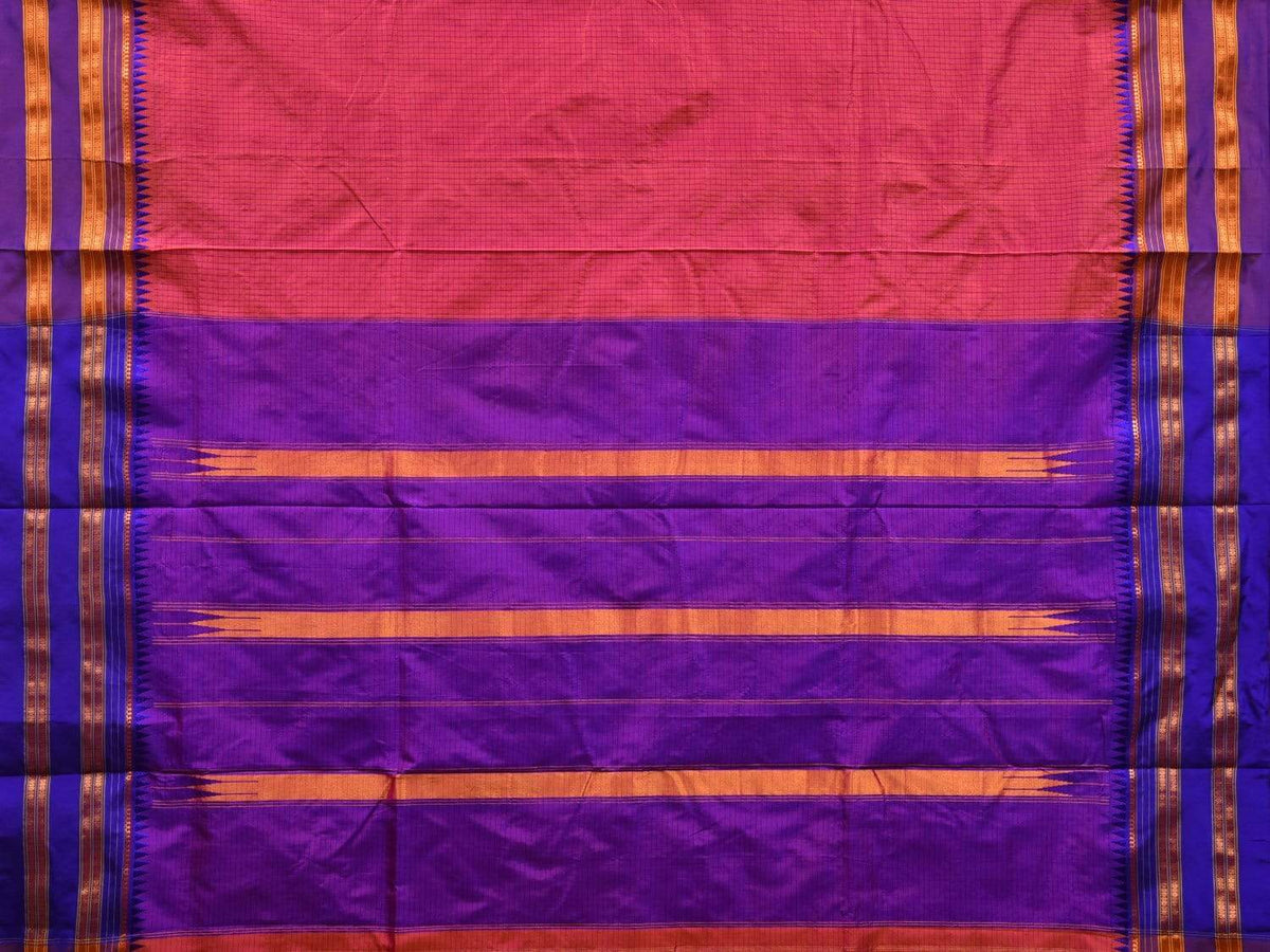 Peach and Purple Narayanpet Silk Saree with Checks Design No Blouse - Global Threads | Grocsy