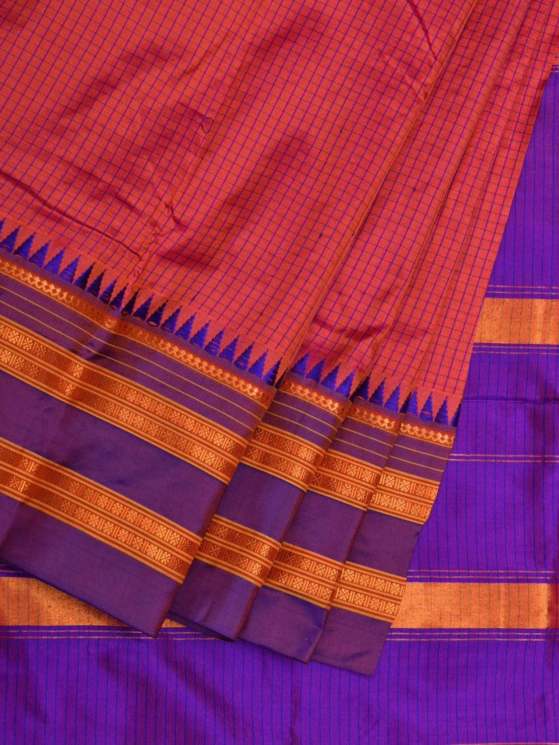 Peach and Purple Narayanpet Silk Saree with Checks Design No Blouse - Global Threads | Grocsy