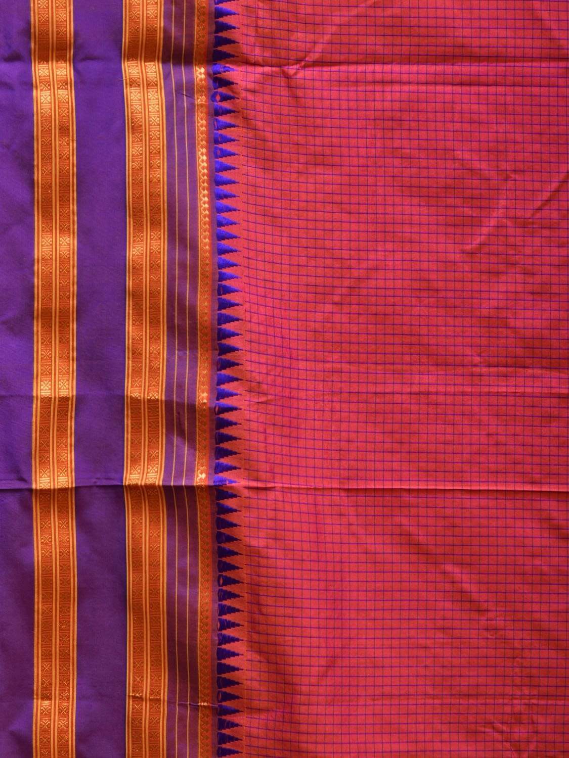 Peach and Purple Narayanpet Silk Saree with Checks Design No Blouse - Global Threads | Grocsy