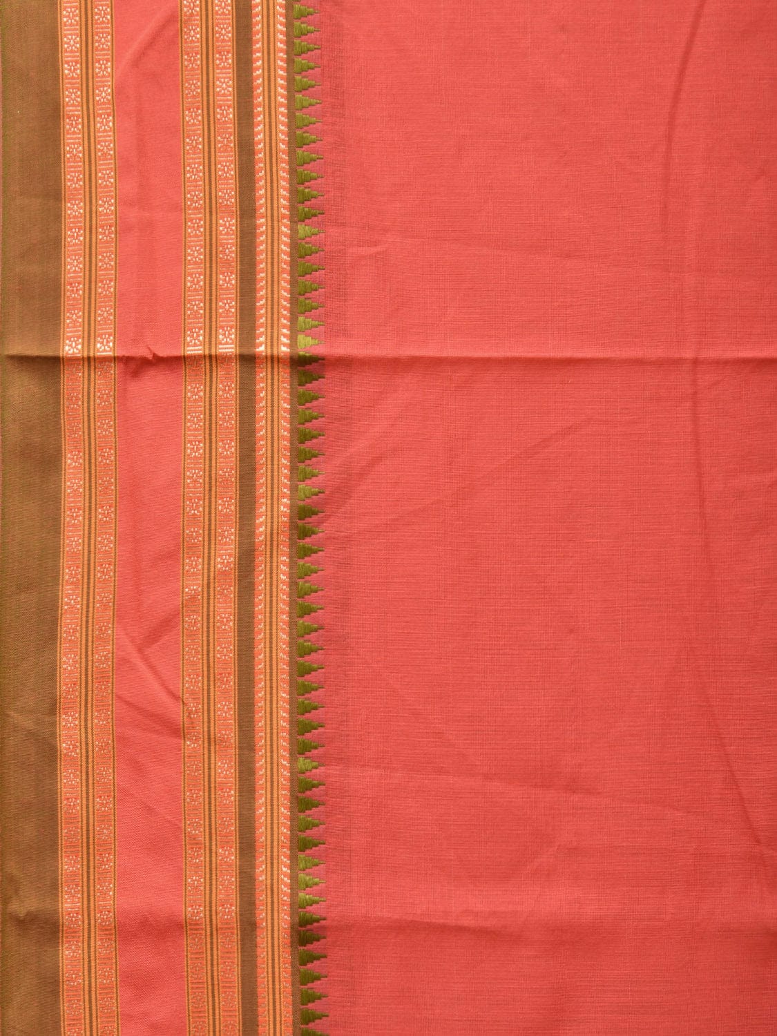 Peach Bamboo Cotton Plain Saree with Strips Pallu Design No Blouse - Global Threads | Grocsy